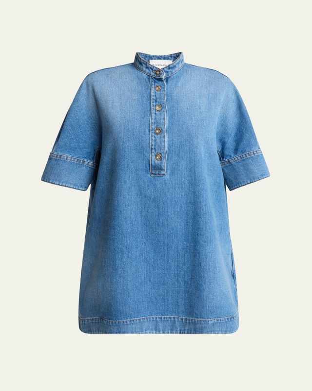 Short-Sleeve Denim A-Line Mini Dress